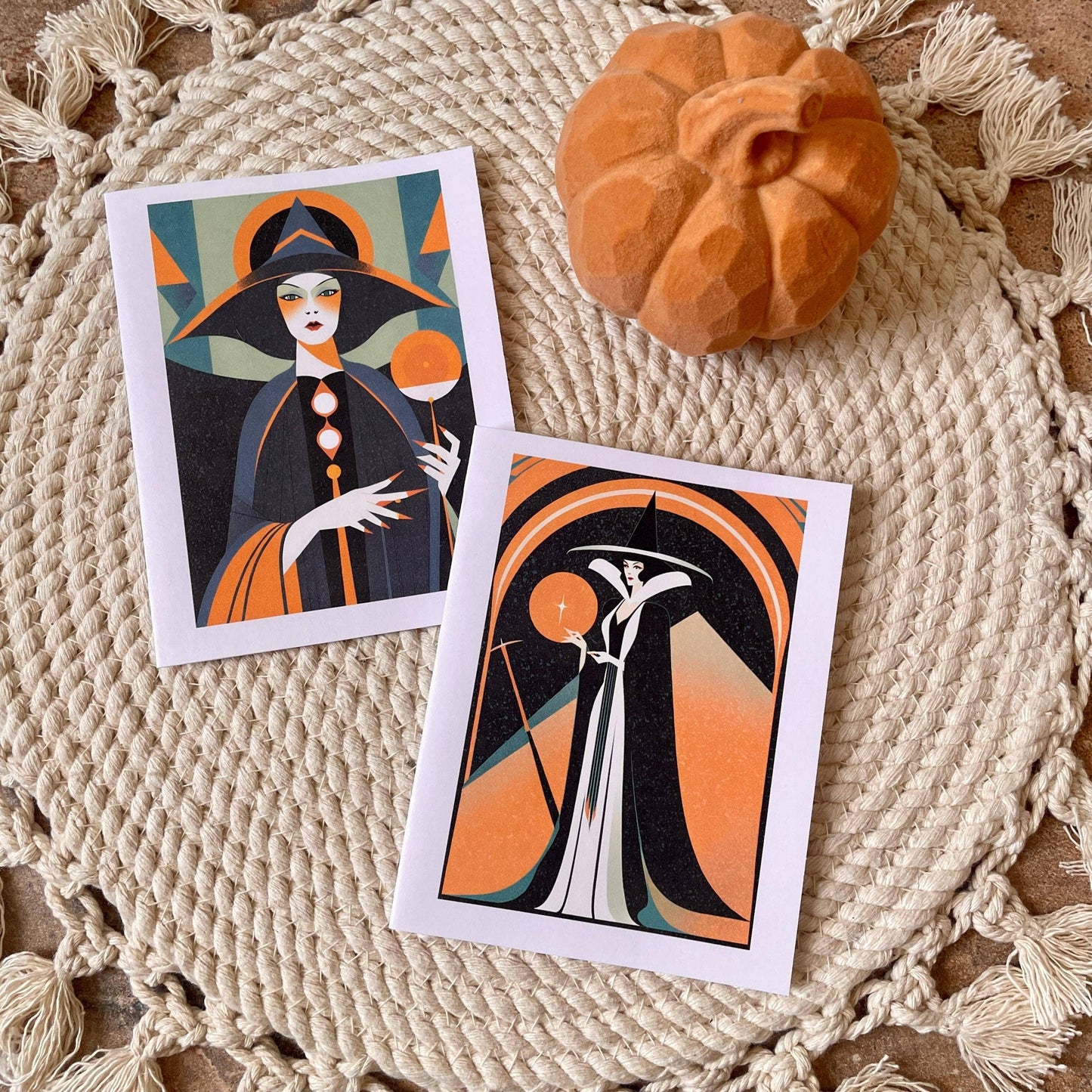 Set Of 5 Art Deco Witch Halloween Note Cards