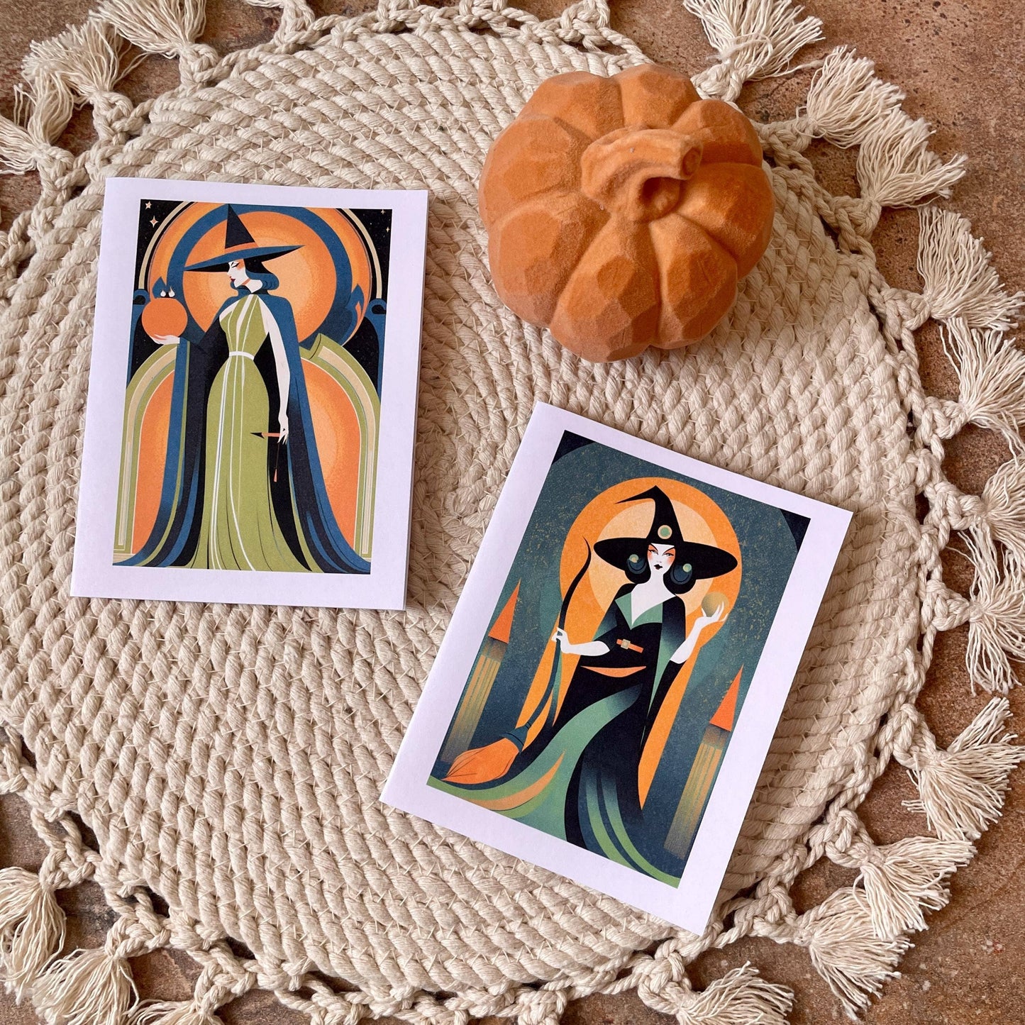 Set Of 5 Art Deco Witch Halloween Note Cards