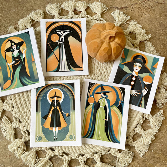 Set Of 5 Art Deco Witch Halloween Note Cards