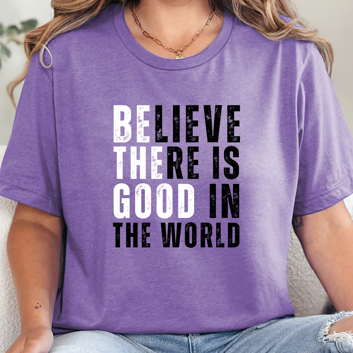 Wholesale Believe There is Good in the World Graphic Tee - Heather Team Purple Tee