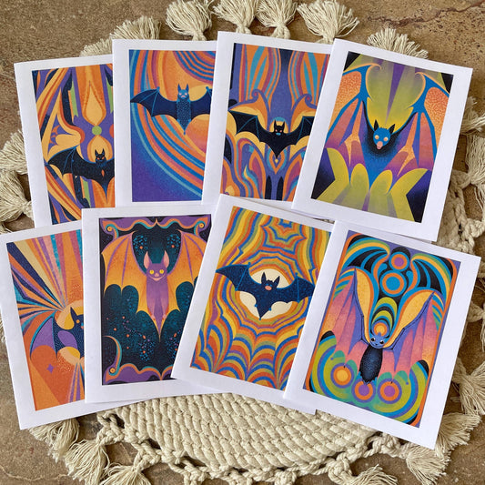 Psychedelic Halloween Bat Cards