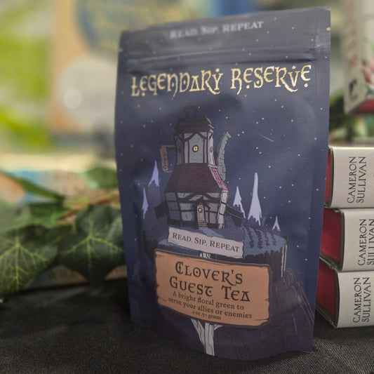 Tea package labeled 'Legendary Reserve' with a scenic design on a dark surface.